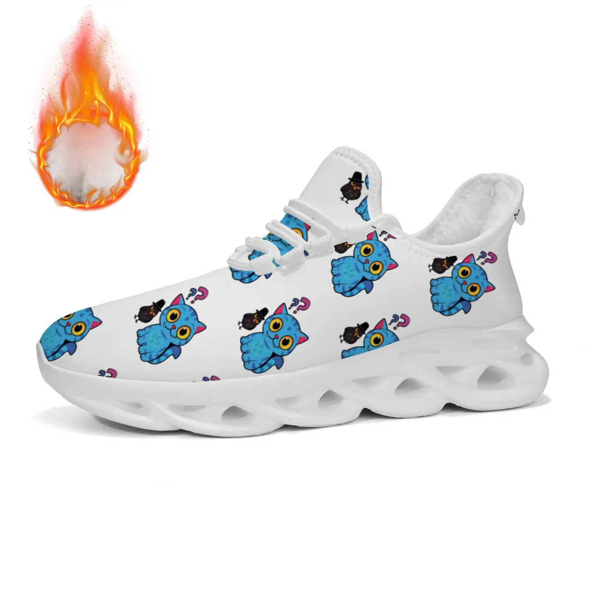 

Autumn & Winter New Shoes for Women Cute Blue Cat Witch Hat Pattern Fleece Lined White Casual Sneakers Retro Dad Shoes