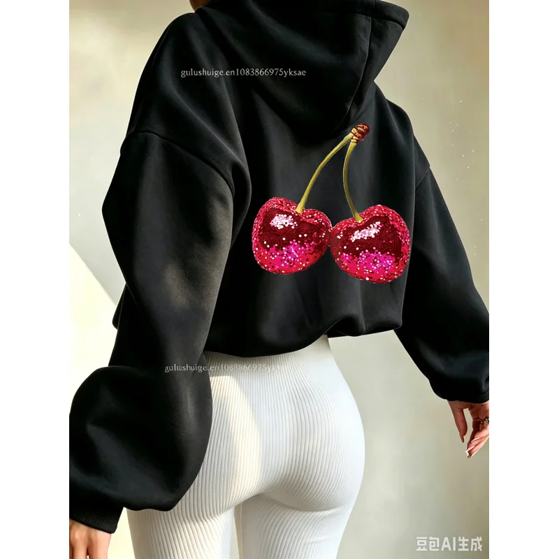 Y2K Streetwear Hoodie Halloween Gifts Red Cherry Sequin Pattern Fall Clothes Autumn Winter Daily Wear Gift For Her