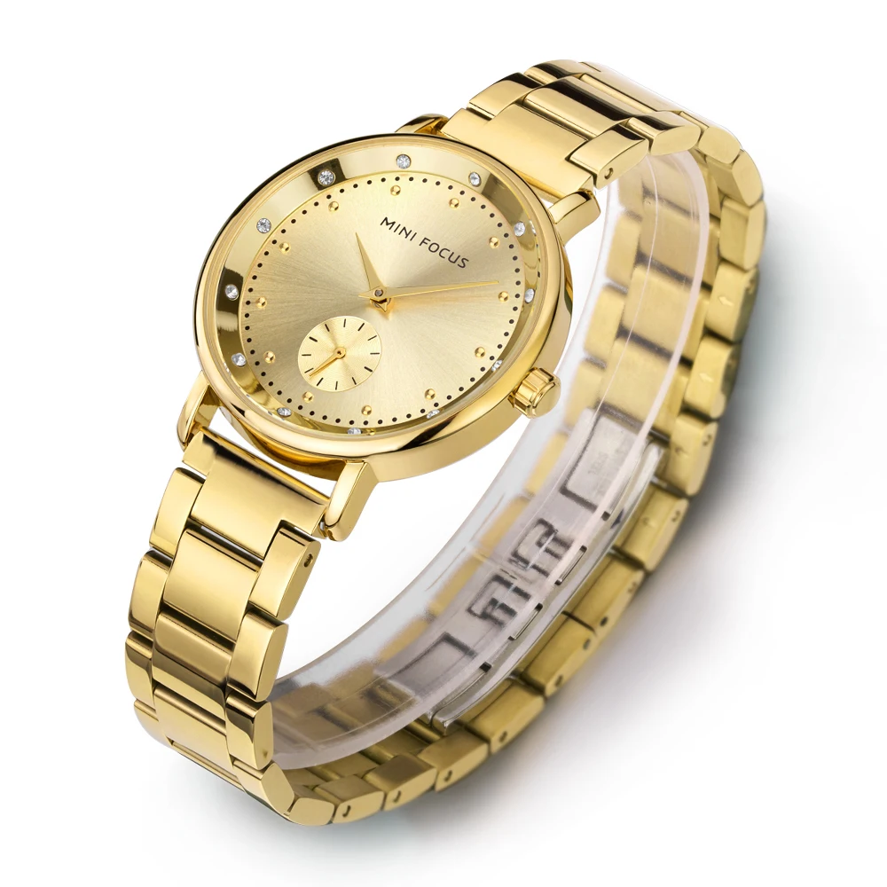Mini foco relógio feminino elegante ouro aço inoxidável senhoras moda relógios de quartzo feminino pulseira relógio de pulso 0037l