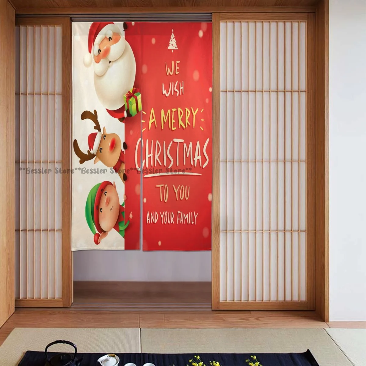 Door Curtains Cartoon Santa Claus Reindeer And Elf Room Partitions Home Deocration