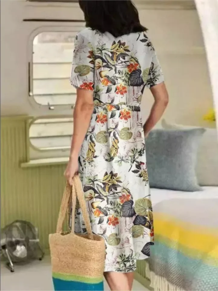 Abito casual con stampa floreale Lady Fashion manica corta scollo a V abiti vintage larghi per le donne Boho Holiday Abbigliamento donna estivo