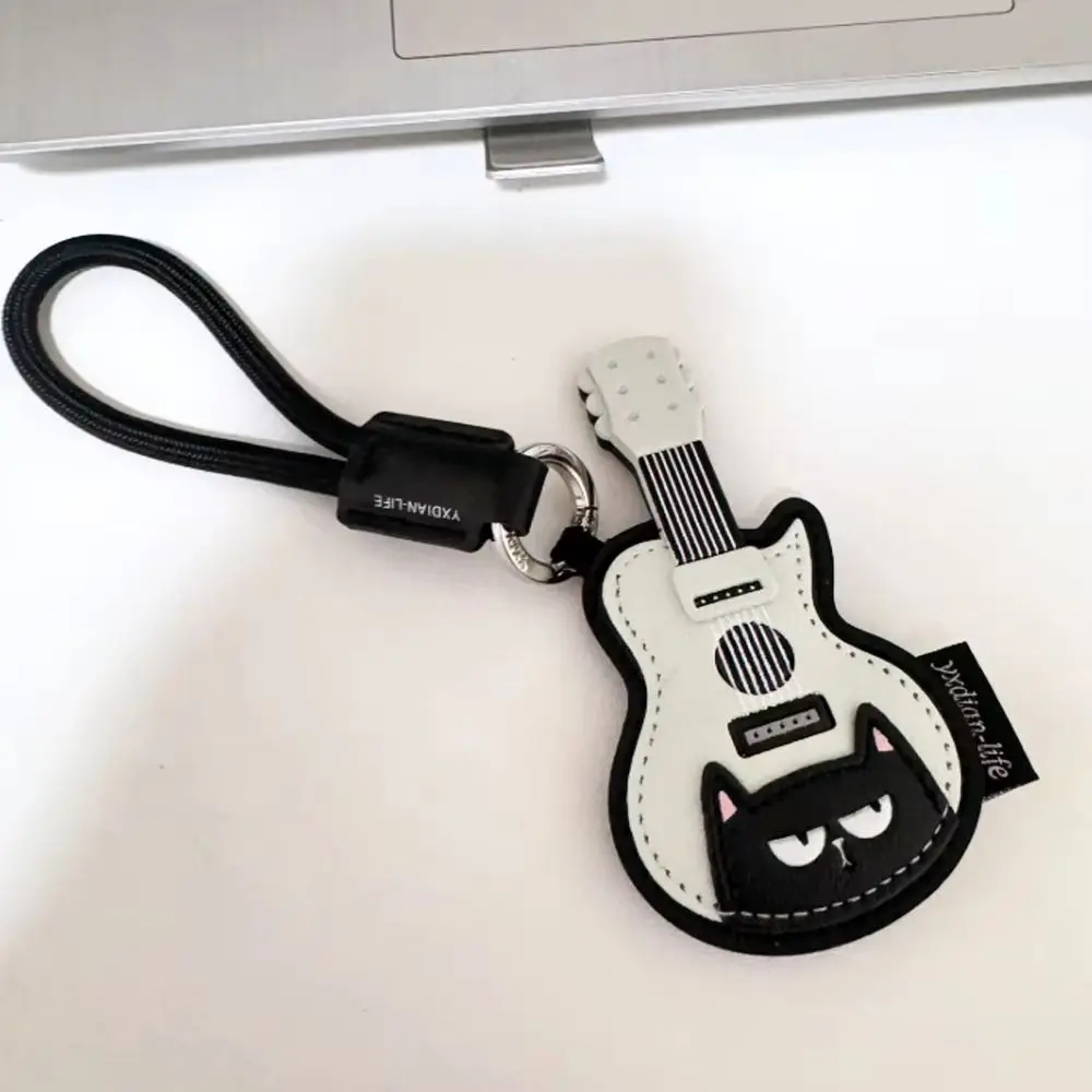 PU Leather Leather Keychain Black Cat Piano Shape Musical Instrument Keychain With Lanyard Guitar Shape Guitar Keyring - view 3
