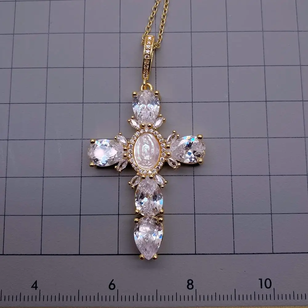 Y·YING Virgin Mary Cross Pendant Chain Necklace Mother Shell Pearl CZ