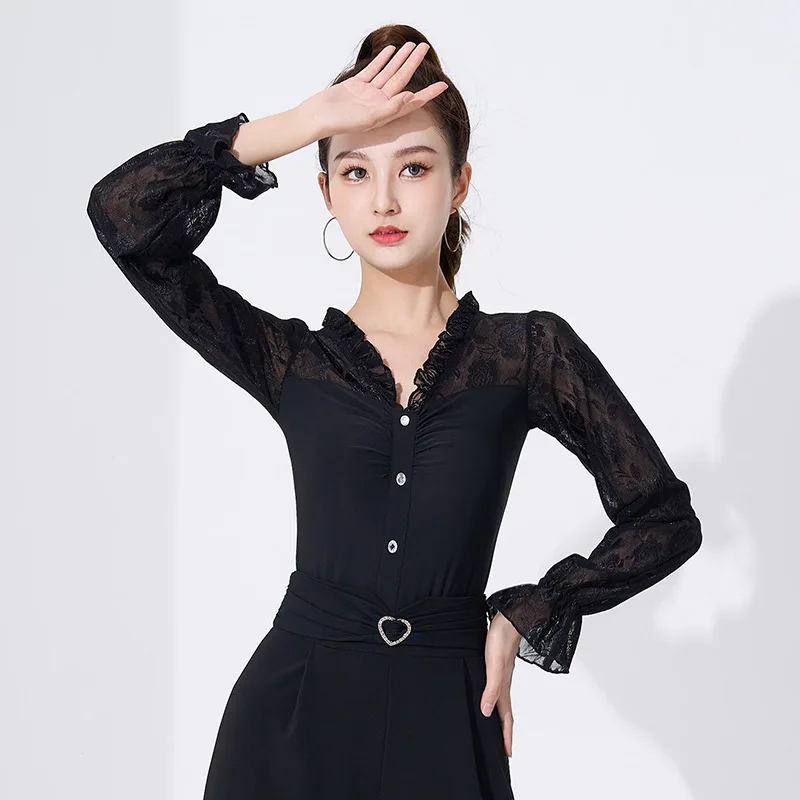 Latin dance top, women's lace sleeves, new modern dance clothes for practicing martial arts, adult national standard hot diamond