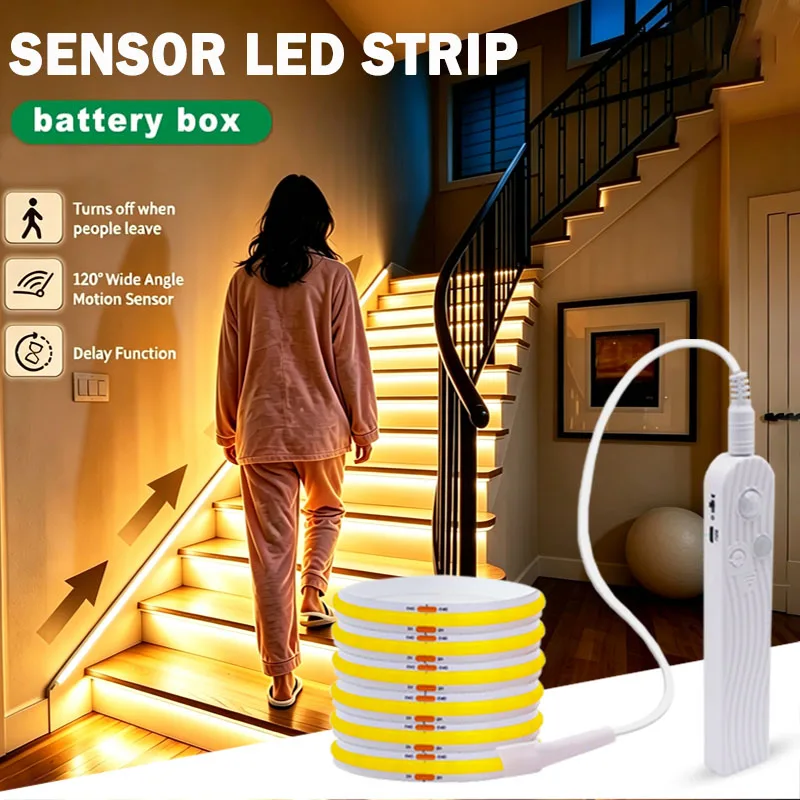 Motion Sensor COB Led Strip Light 5V 8MM Flexible LED Tape Battery Powered 320LEDs/M Induction Night Light For Stair Kitchen