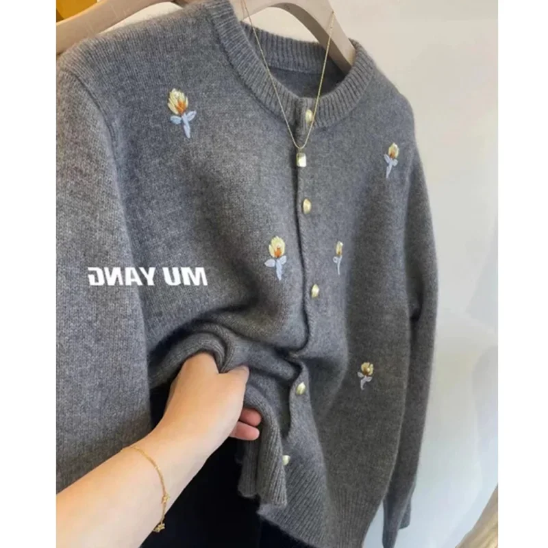 Autumn Winter Soft Wool Lazy Fashion Embroidery Slim Sweater Women\'s Clothing O-neck Casual Gray Basic Thick Knitted Cardigan