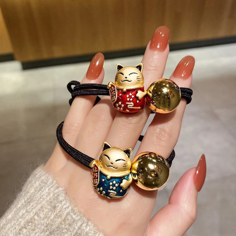 1Pc Cartoon Resin Lucky Cat Head Rope Bracelet Dual-Purpose Simple Ponytail Headdress Hair Tie Elastic Bands for Women Girl