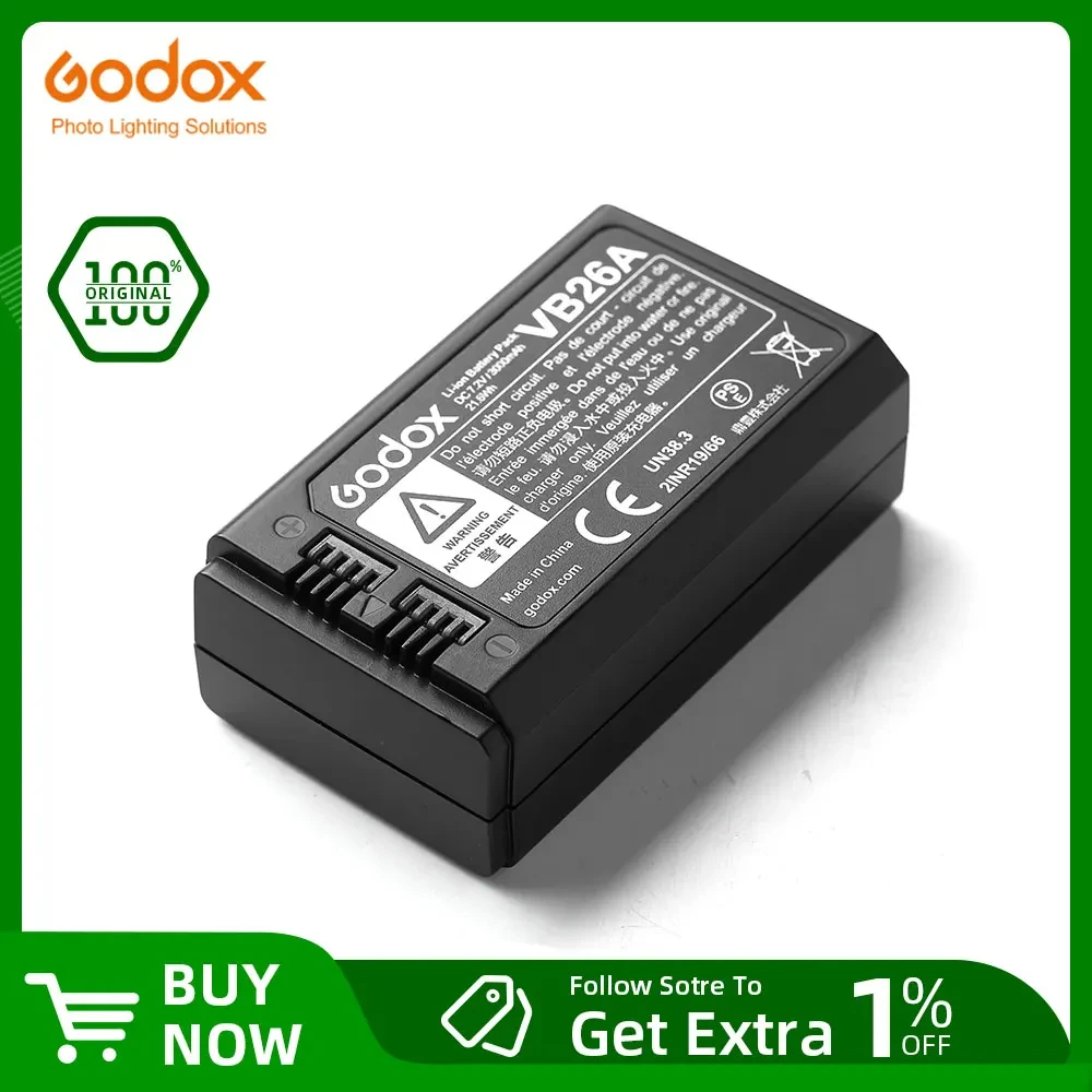 

Godox VB26A Li-ion Battery for Godox AD100 V1 V1C V1N V1S V1F V860III V860III-C V860III-N V850IIDC 7.2V 3000mAh 21.6Wh Battery