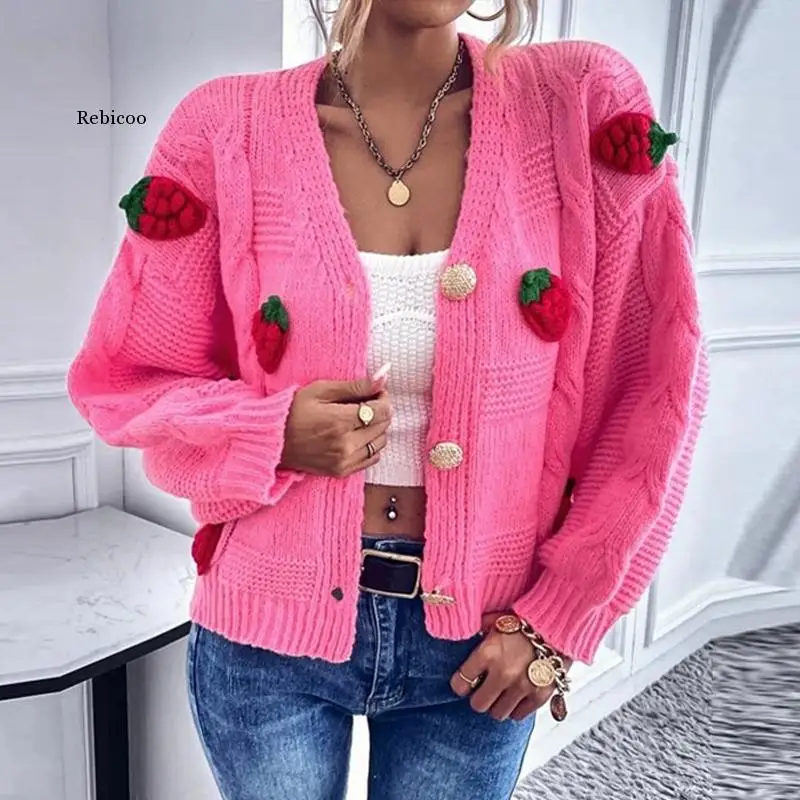 Women Elegant trawberry Print Sweater Cardigan Autumn Winter Casual Loose Ribbed Cardigan Fashion Long Sleeve Button Jumper Coat