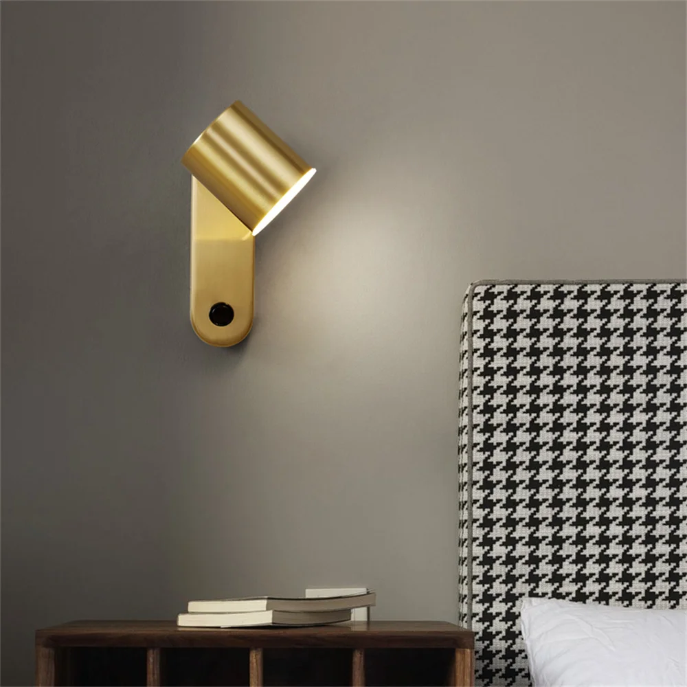 Modern Golden Copper Swivel Wall Light with Switch Brass Rotary Sconce LED Bedroom Bedside Reading Lamp Home Decor