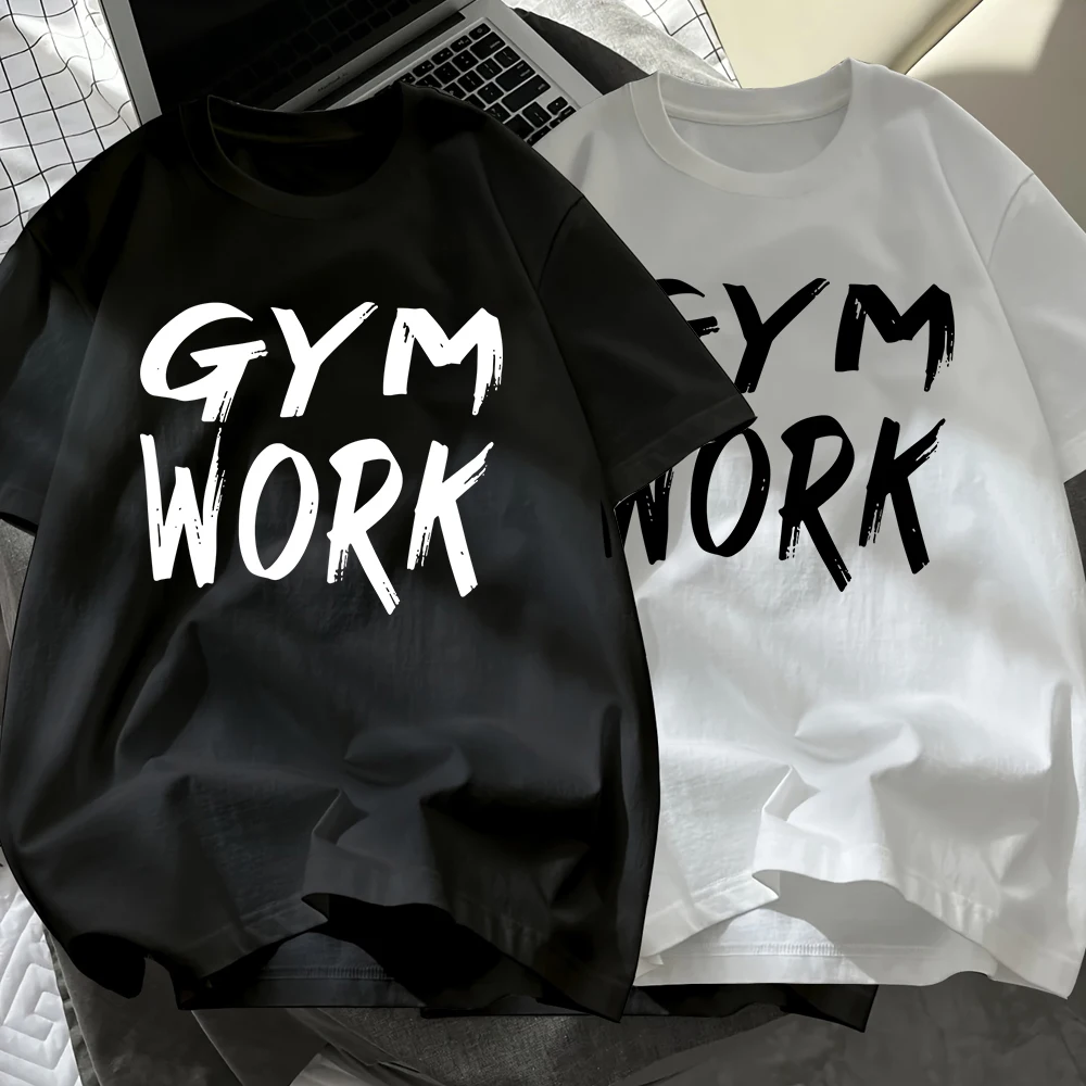 

Gym Work Letter Prints Cotton T-Shirts Mens Summer Soft Oversized Black White Set T Shirt O-Neck Short Sleeve Tops Basic Clothes