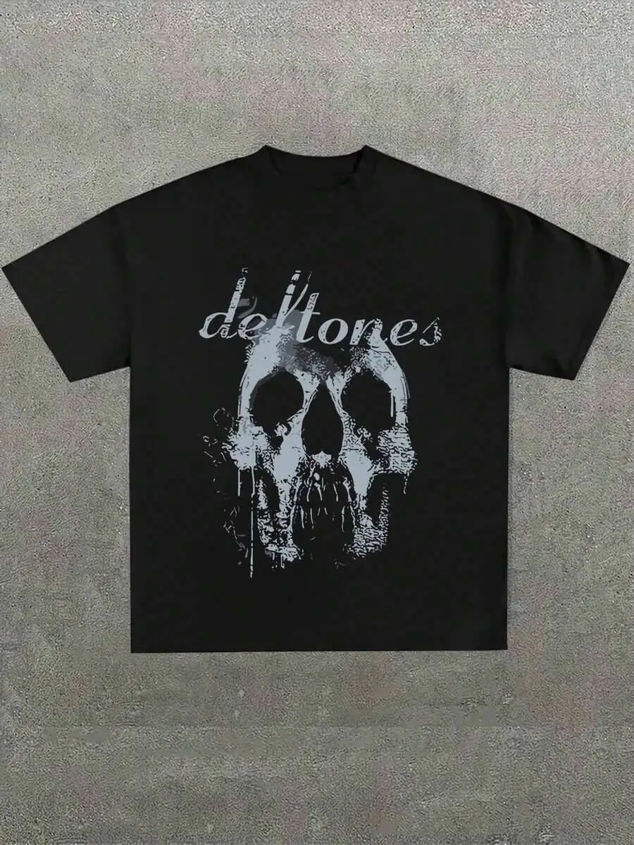 Skull And 'Defton Es' Band Tribute Printed Soft Short Sleeve Pure 180Gsm T - Shirt 100% Cotton Trendy Y2K Short-Sleeve Tee-Soft,