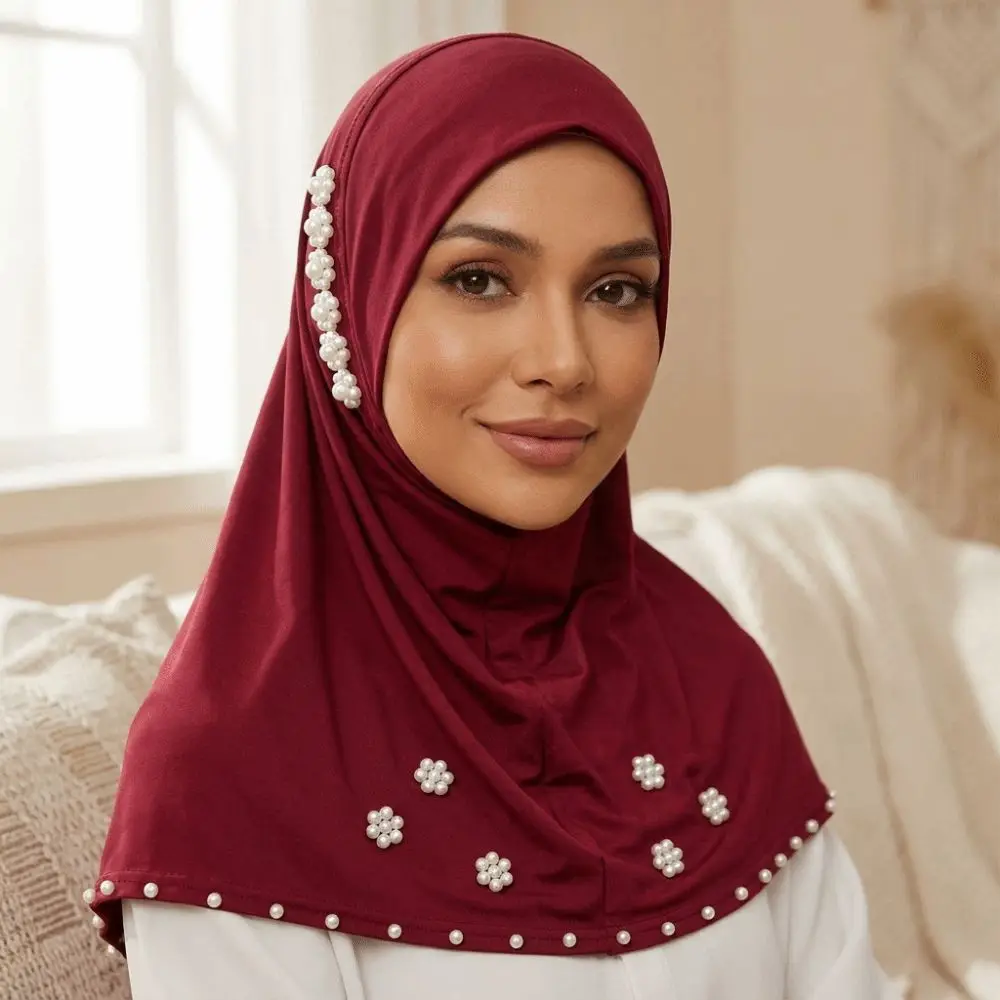 Breathable Imitation Pearl Beads Bonnet Hijab Comfortable Easy Wear Instant Stretch Head Scarf Pearl Flower Solid Color