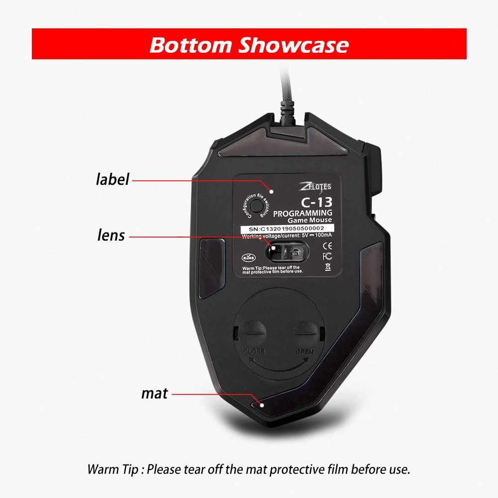 Zelotes C-13 Wired Gaming Mouse 13 Keys 10000DPI RGB Light Mouse Belt 128KB On-board Memory Built-in Counterweight Mechanism