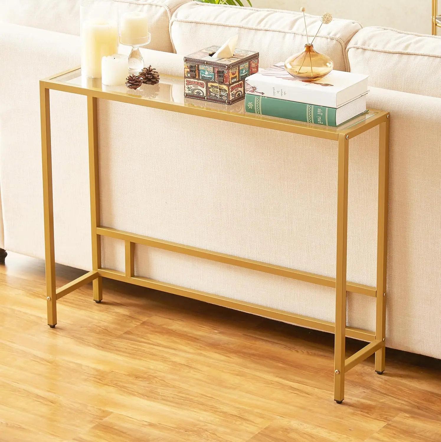 

Modern Tempered Glass Console Table with Metal Frame for Living Room, Entryway, Office - Gold Finish