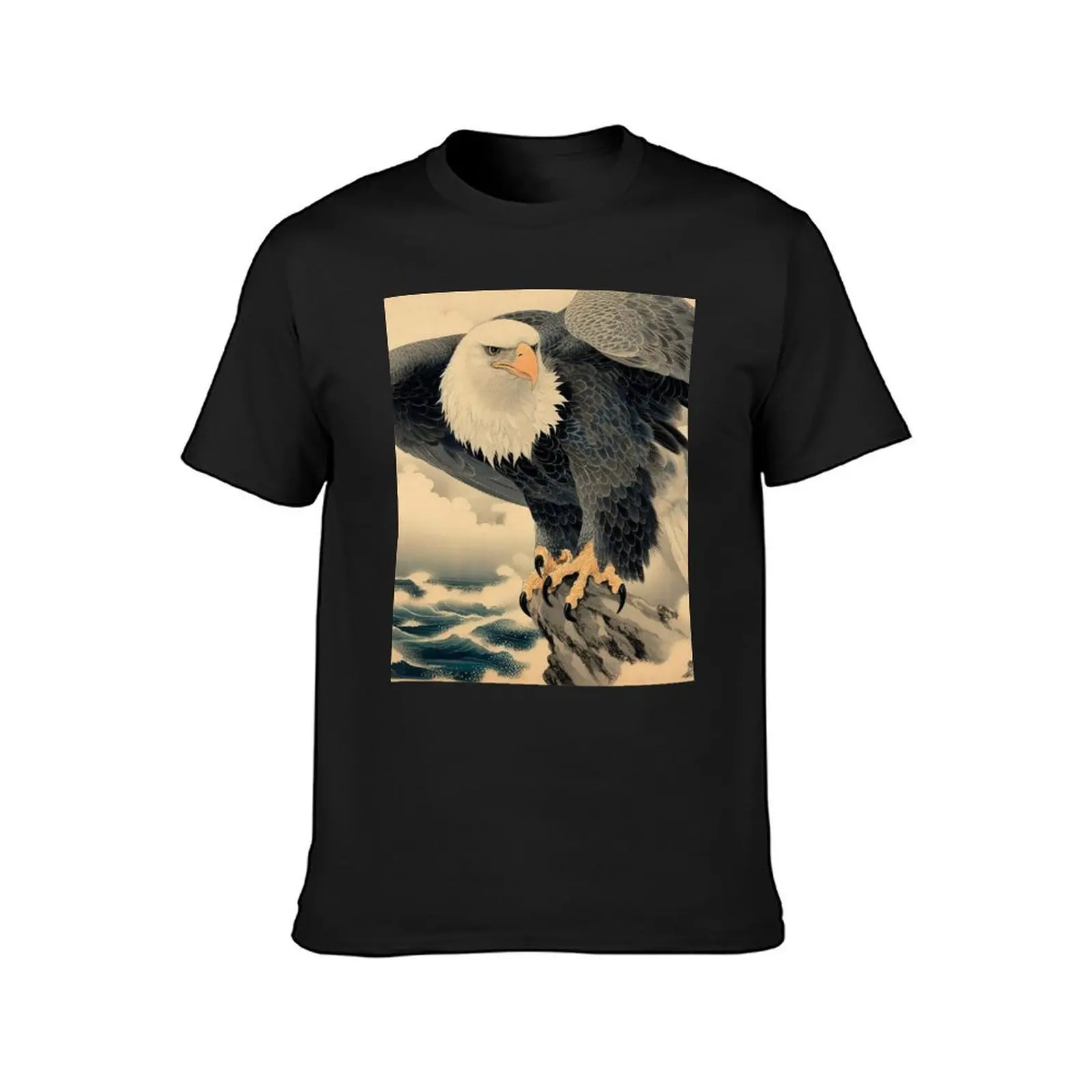 Bald Eagle - Rocks At The Sea - Ukiyo-e Style Scroll T-Shirt cute tops new edition mens plain t shirts