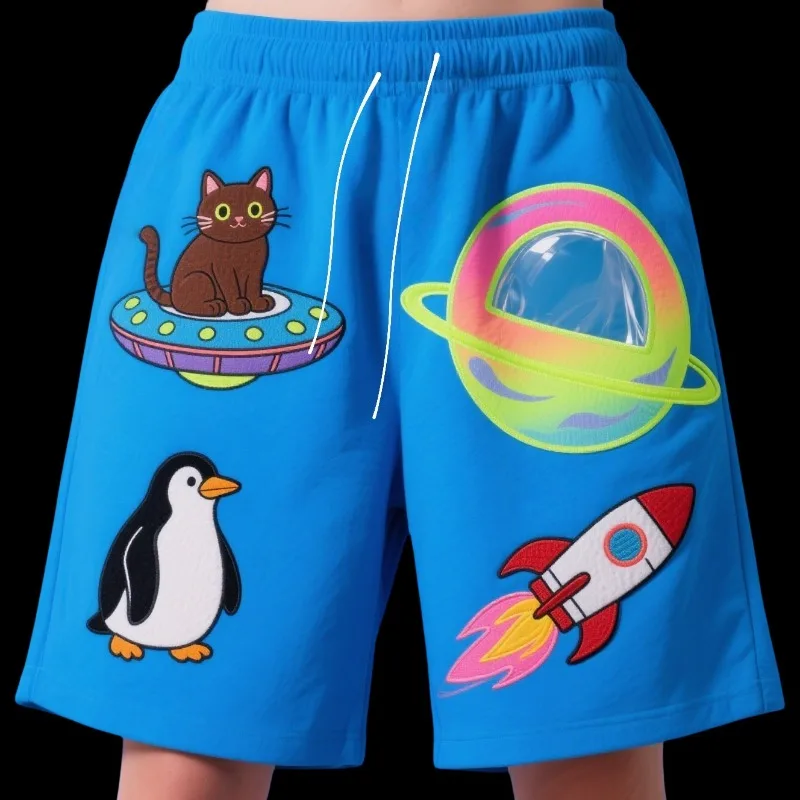 

MOTO-Hot Sale! Blue Adult Shorts with Space - Themed Cat, Penguin & Rocket Print