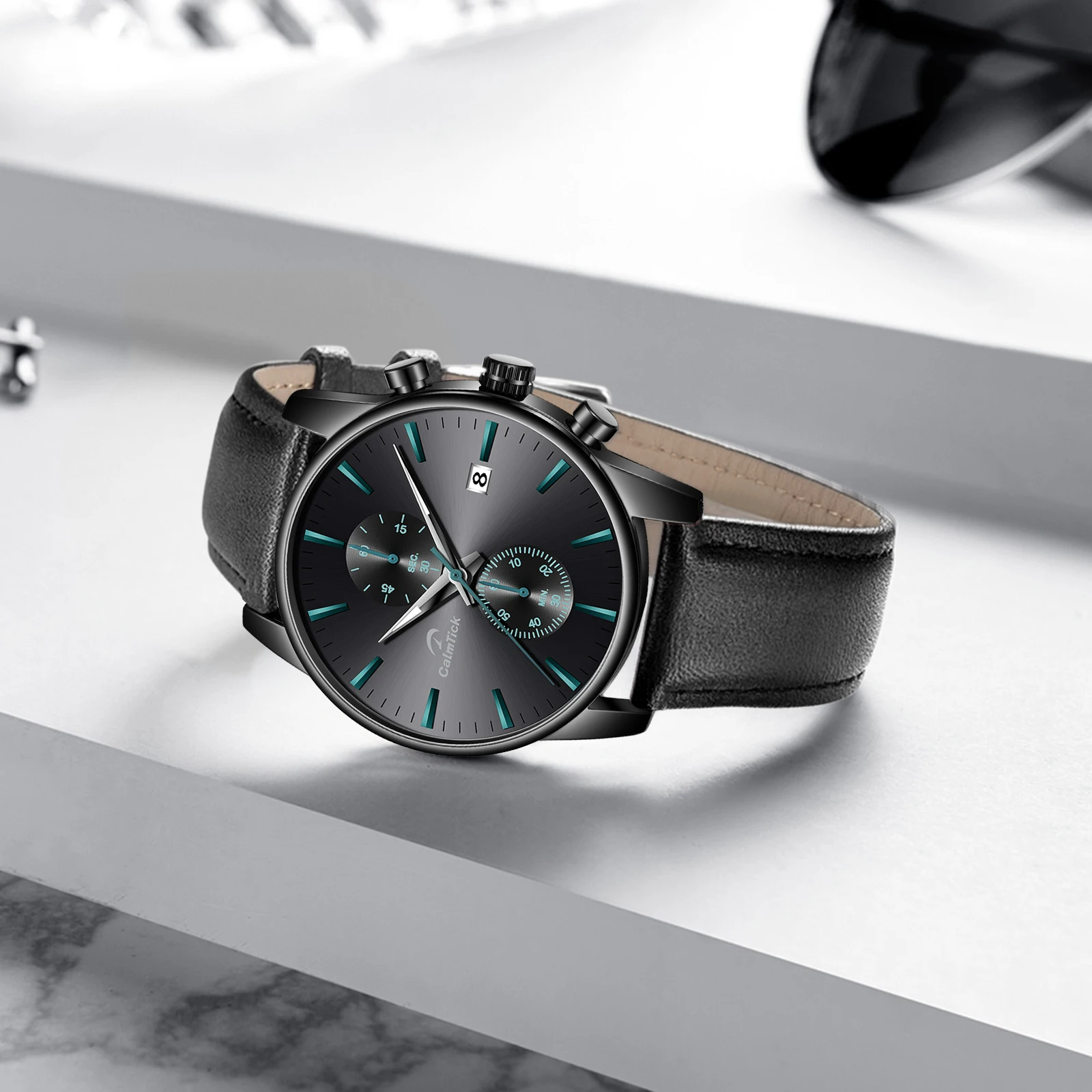 

Calmtick Fashion Business Pointer Quartz Watch with Stopwatch Luminous Waterproof Leather Strap