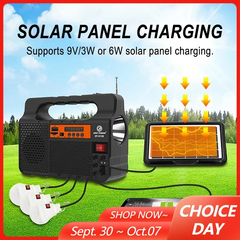Solar Outdoor Flashlight Lamp Portable Energy Storage Power Supply Small System with 3pcs LED Bulbs Speaker Radio for Camping