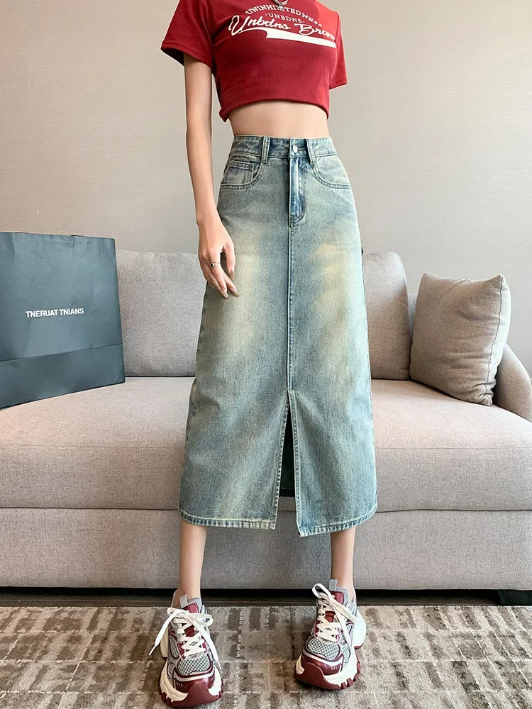 Long denim women jeans skirt split washed streetwear casual high waist skirt female 2024 y2k slit no stretch midi skirt femme