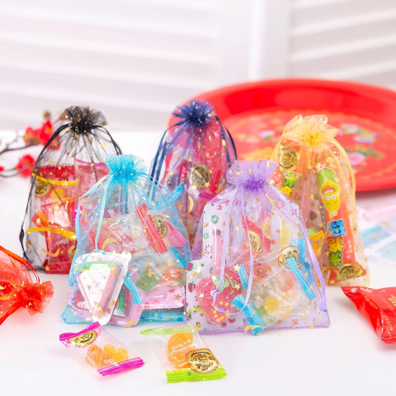 50 قطعة الضوء الأزرق القمر نجوم الرباط أكياس الأورجانزا مجوهرات حقائب للهدايا الحقائب الأورجانزا لصالح الحقائب لعيد الميلاد الزفاف #4