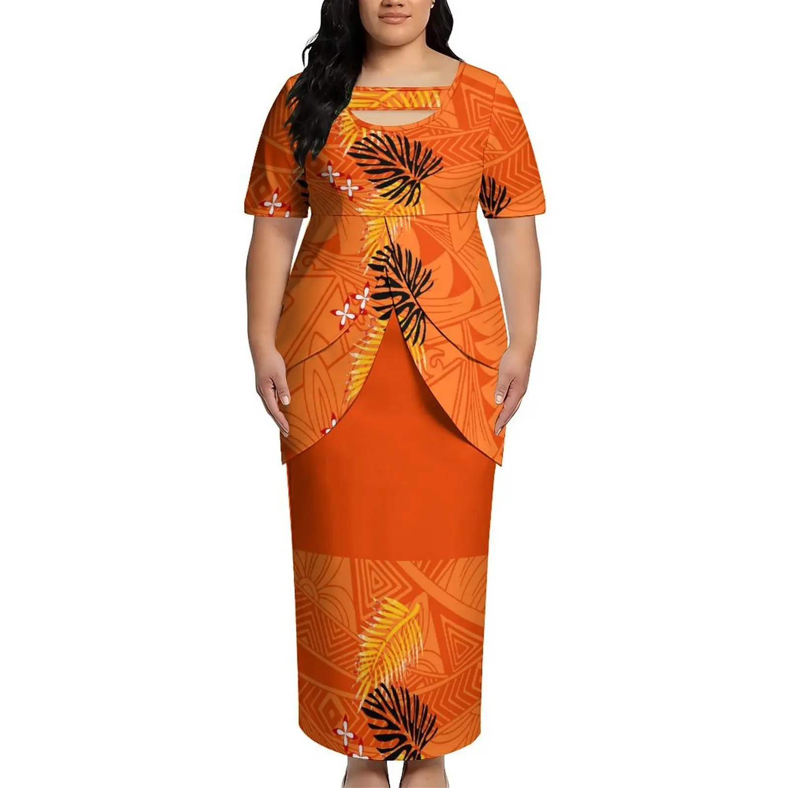 

Summer New Style Puletasi Style Custom Printed Women'S Suit Skirt With Polynesian Double Slit Hem And Waistline Design