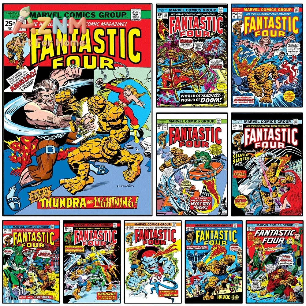 AZNM Fantastic Four Thundra and Lightning Vintage Comic Cover Collage Canvas Wall Art Unframed Print, Superhero Poster for Bed