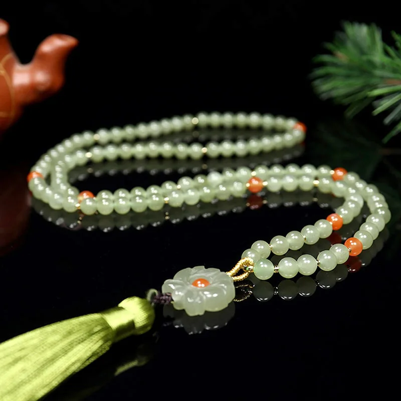 Hetian White Jade Bracelet With Round Beads, Pendant Can Be Changed At Any, Fashionable Women'S Style