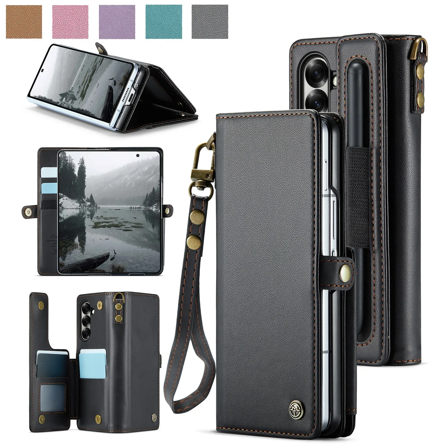 

Caseme-C22 All in one Wallet Case For Samsung Galaxy Z Fold 7, ‌Elegant Leather Full Protective Kickstand Cover, Strap Pen Slot