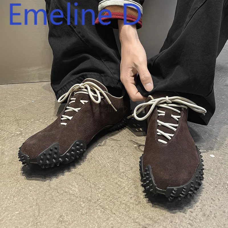 Lace Up Flat Sports Shoes Men's Fashionable Simple Versatile Hiking Jogging Leather Splicing Design Casual Sports Shoes
