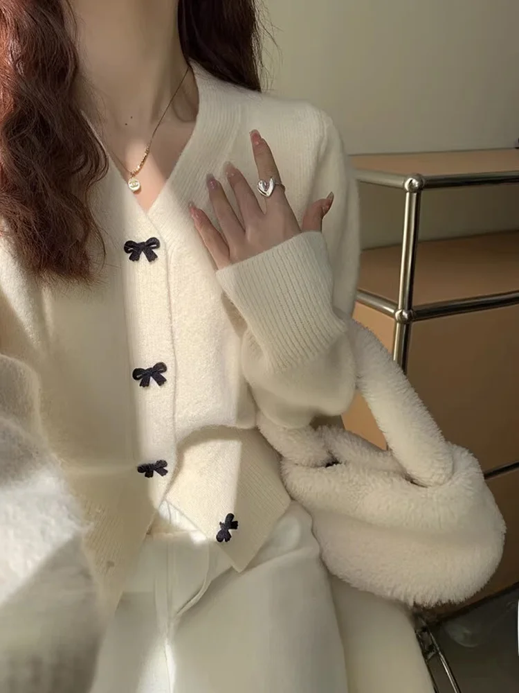 

White V-ne ort Knitted Open Cardigan Women's Faion Spring Knot Sweater Coat Top Winter Thiened Long Sve