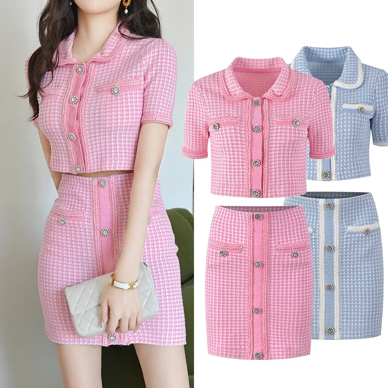 High-end Version Paris Se Spring and Summer Pink Gold Sle Suit Short-sleeved Knitted Plaid Top Skirt