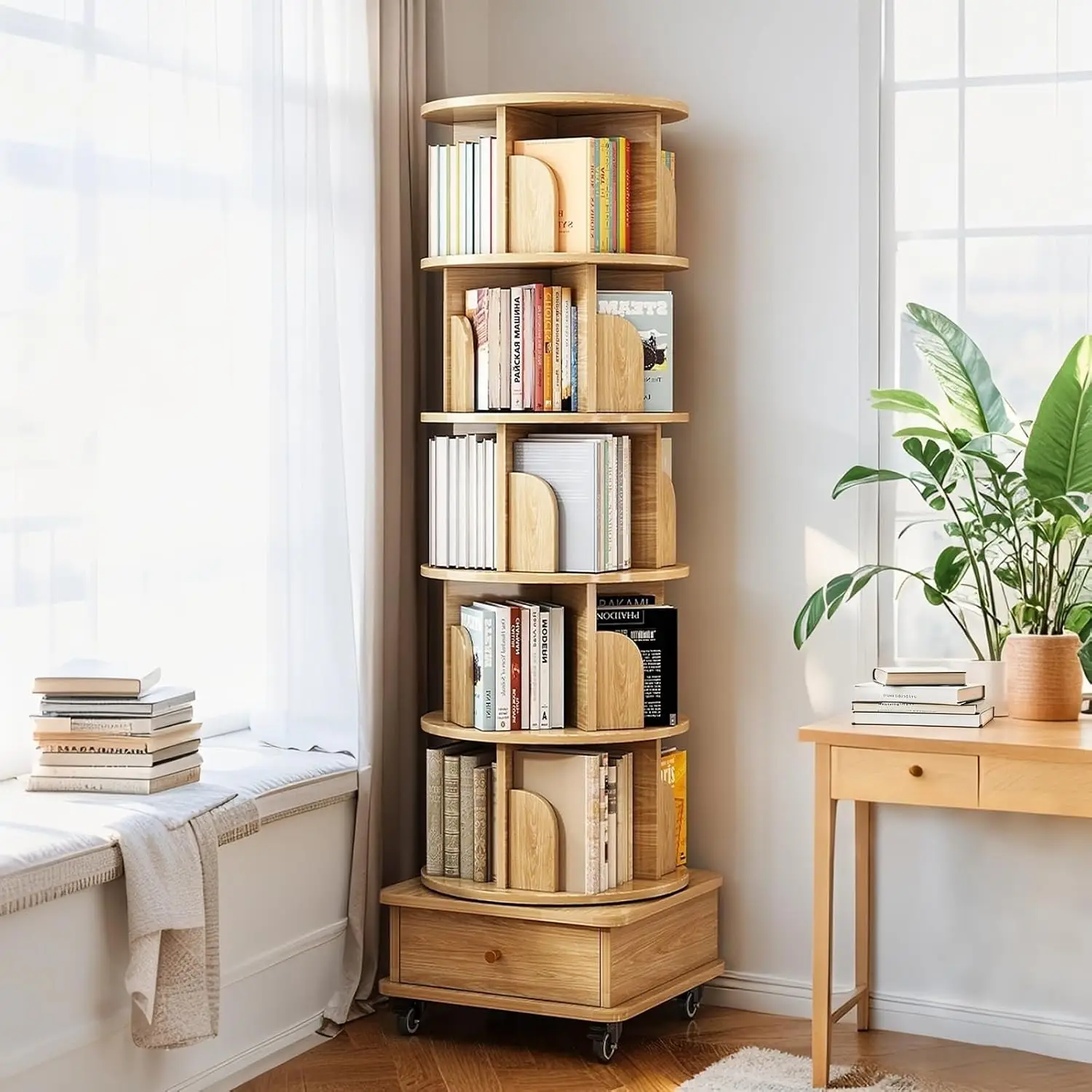 5 Tier Rotating Bookshelf 360° Spinning Tower Shelf Space-Saving for Bedroom Living Room, Customized