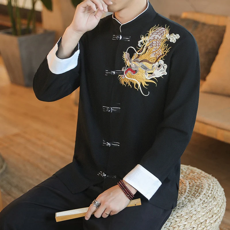 Men Shirts Kungfu Tai Chi Long Sleeve Chinese Style Golden Dragon Embroidered Retro Linen Cardigan Tang Suit Men Traditional Top