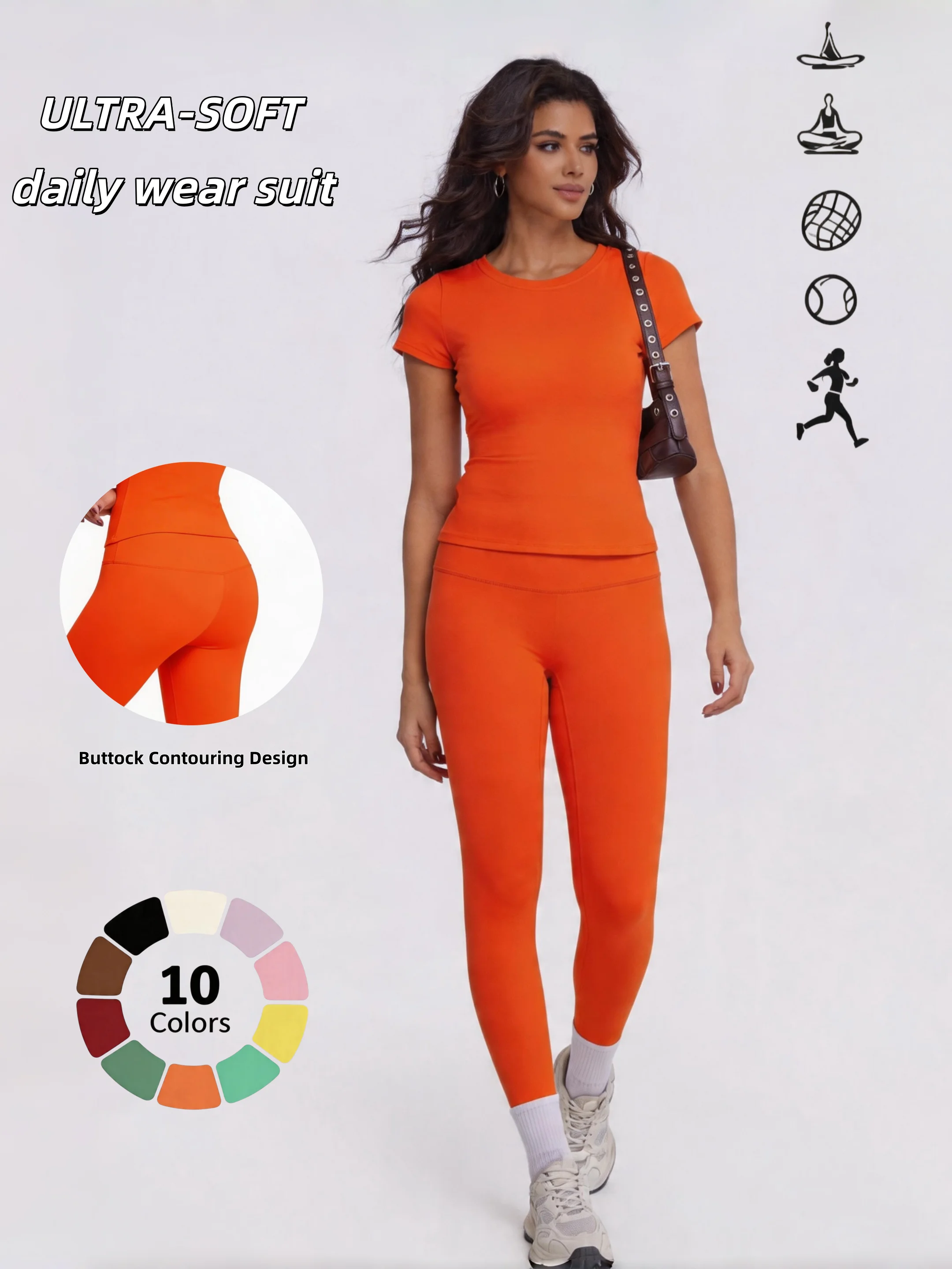 Women's 2 Piece Workout Set, Ultra-Soft Short Sleeve T-Shirt & High Waist Leggings, Seamless Butt Lifting Yoga Outfit for Gym, R