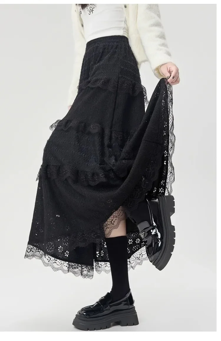 Gentle Wind High Waist A-Line Lace Splicing Long Skirt Women's Fairy Tale Cake Skirt Mid-Length Midi Skirt for Autumn Winter