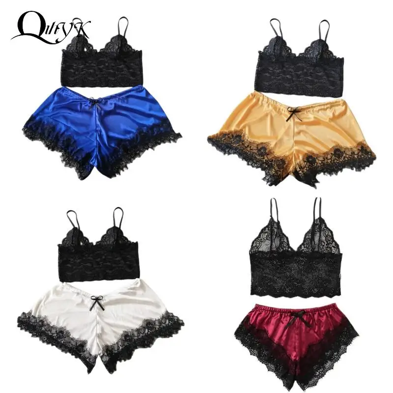 Sexy Lace Pijama Nightie Sleepwear Home Clothes Tops And Shorts Women\'s Silk Pajamas Sexy V-Neck Sleeveless Satin Lace Sleepwear