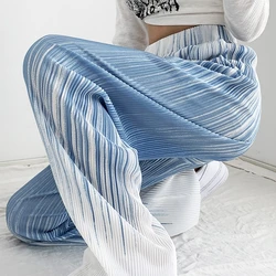 Women's Summer Pleated Thin Wide Leg Pants Lady Casual Tie Dye Color Loose Long Pants Chic Straight Pants