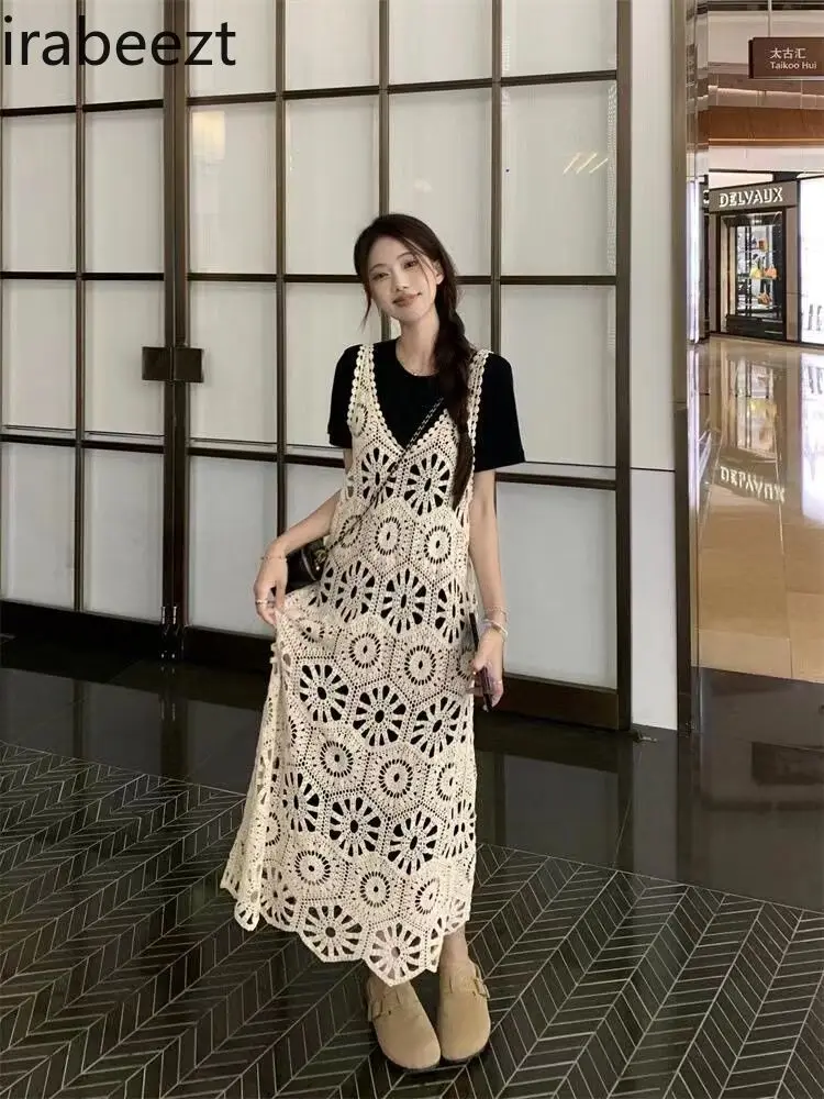 2024 Summer New Korean Retro Gentle Style Hollow Smock Dress Casual Wear Short-sleeved Sundress Костюм Женский Летний