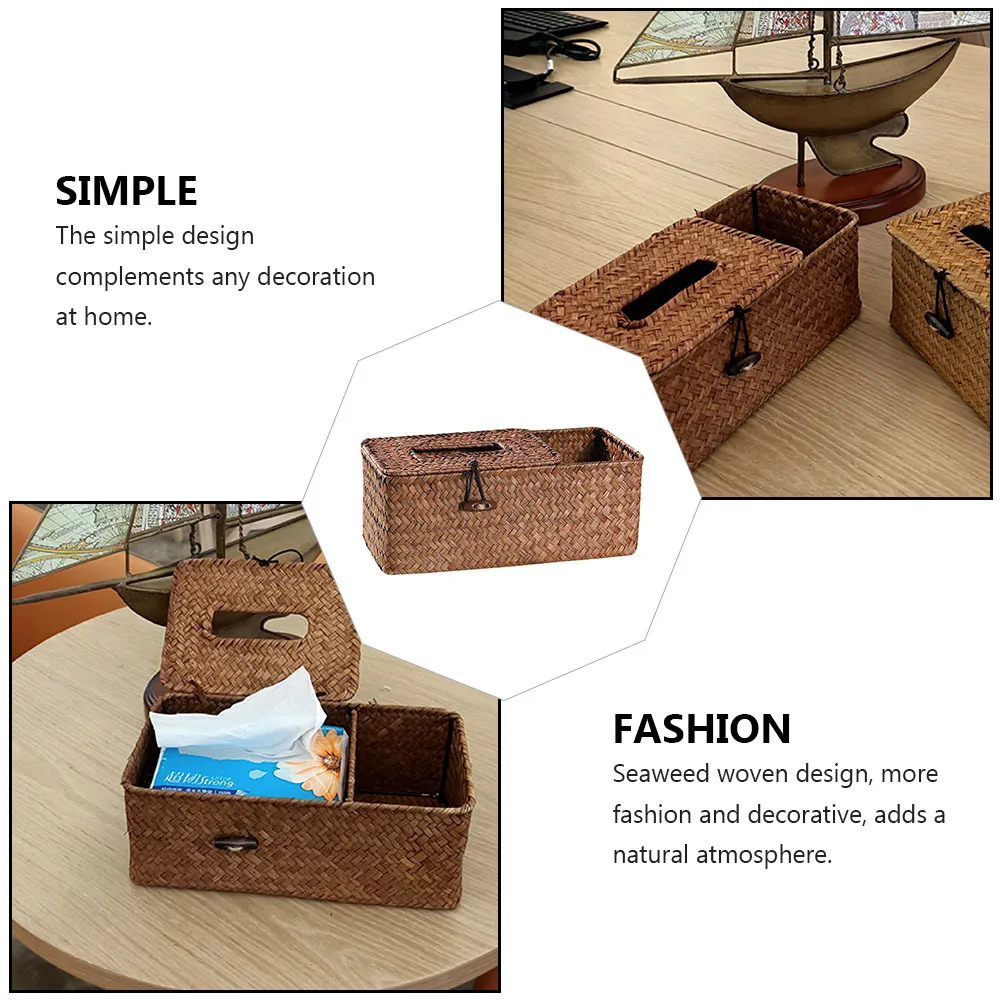 

Seaweed Woven Tissue Box Multi-Purpose Desktop Storage Organizer Household Decorative Container For Remote Controller Stationery