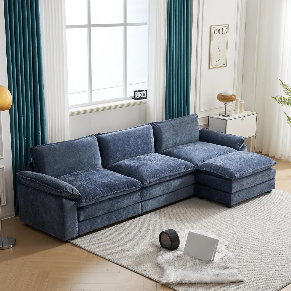 

Modern Deep 3-Seat Sofa Couch with Ottoman, Chenille Sofa Sleeper Comfy for Living Room, Apartment, Studio, Office, Dusty-Blue