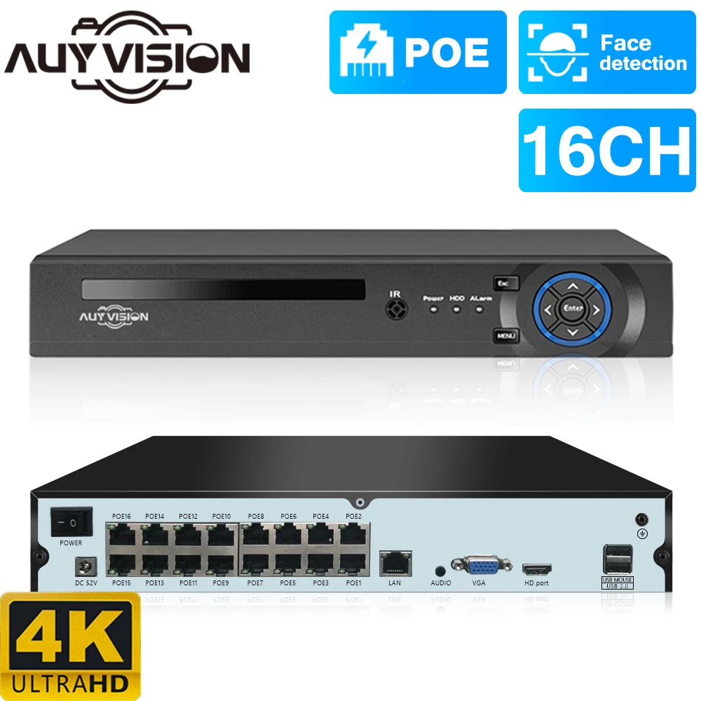 16CH 4K POE H.265+ NVR XMEye Onvif Surveillance Security Video Recorder 4K 5MP 3MP 1080P Face Detection NVR For Poe IP Camera