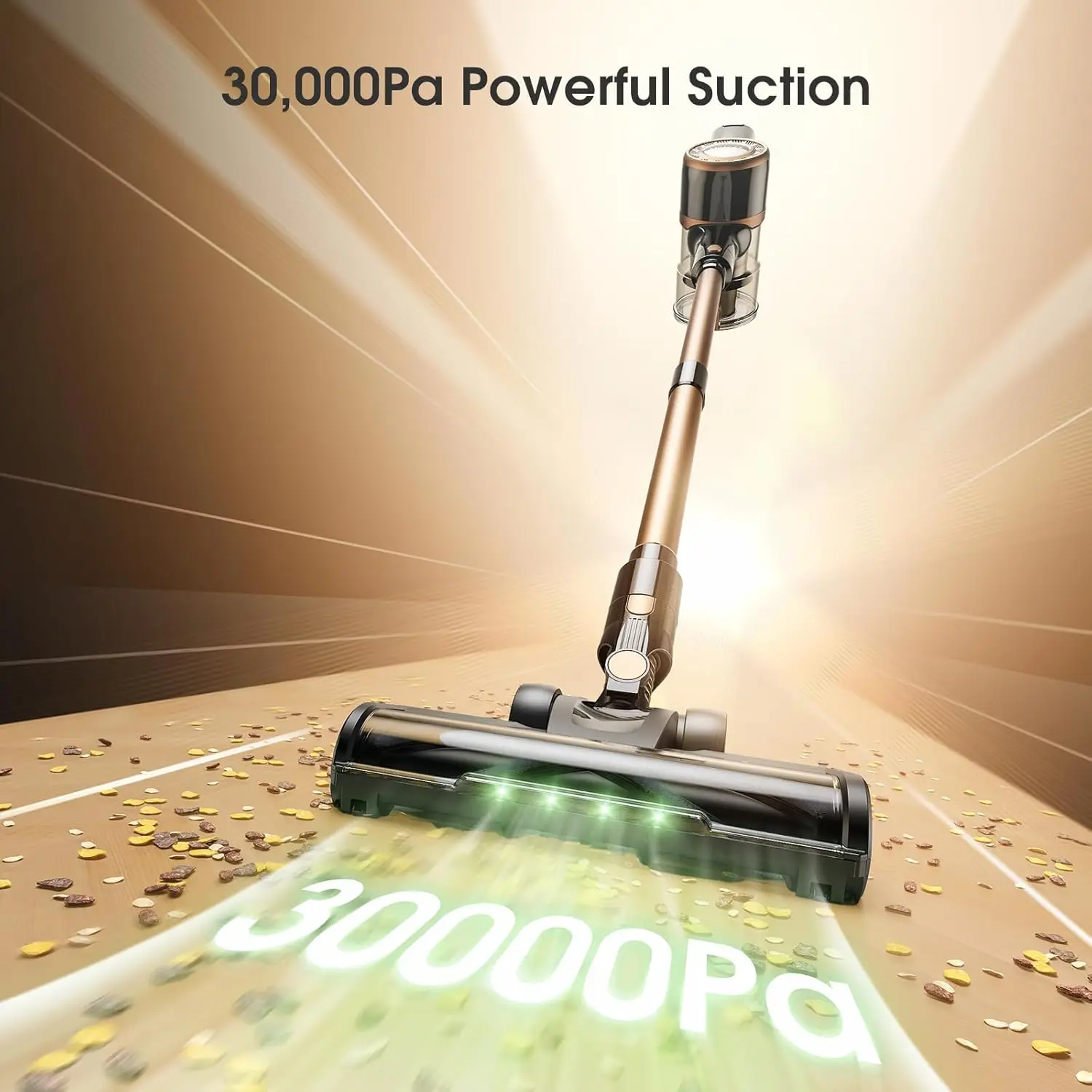 무선 진공 청소기, 30Kpa 스틱형 진공 청소기, 엉킴 방지 브러시 및 녹색 헤드라이트, 자립형, 최대 45분 작동, 와이어