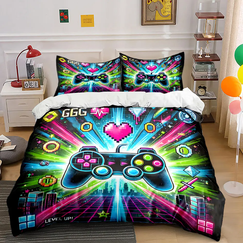Neon Video Game Illustration Print Bedding Set 1 Duvet Cover 2 Pillowcases for Adult and Children Luxury Gift Full Size