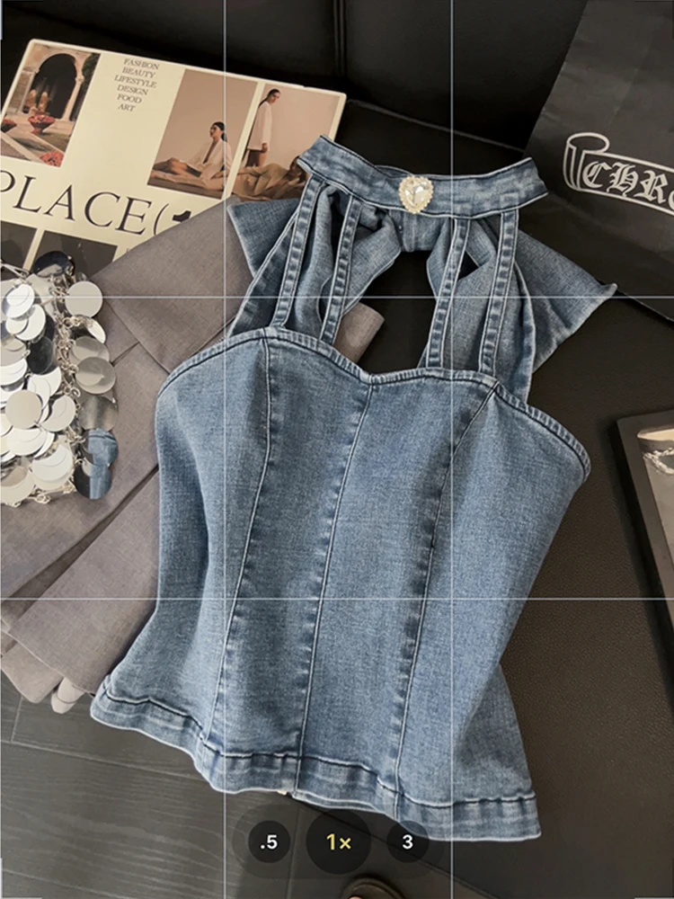 Women's Blue Denim Crop Top Vintage Y2k Summer Camisole 90s Aesthetic Fashion Streetwear 2000s Sleeveless Bow Jean Tank Top Vest