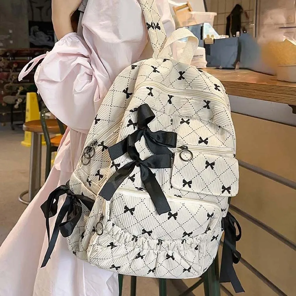 

Daypack Corduroy Bow Backpack Casual Silk Design Students School Bag Polyester Contrast Color Large Capacity Backpack for Gift