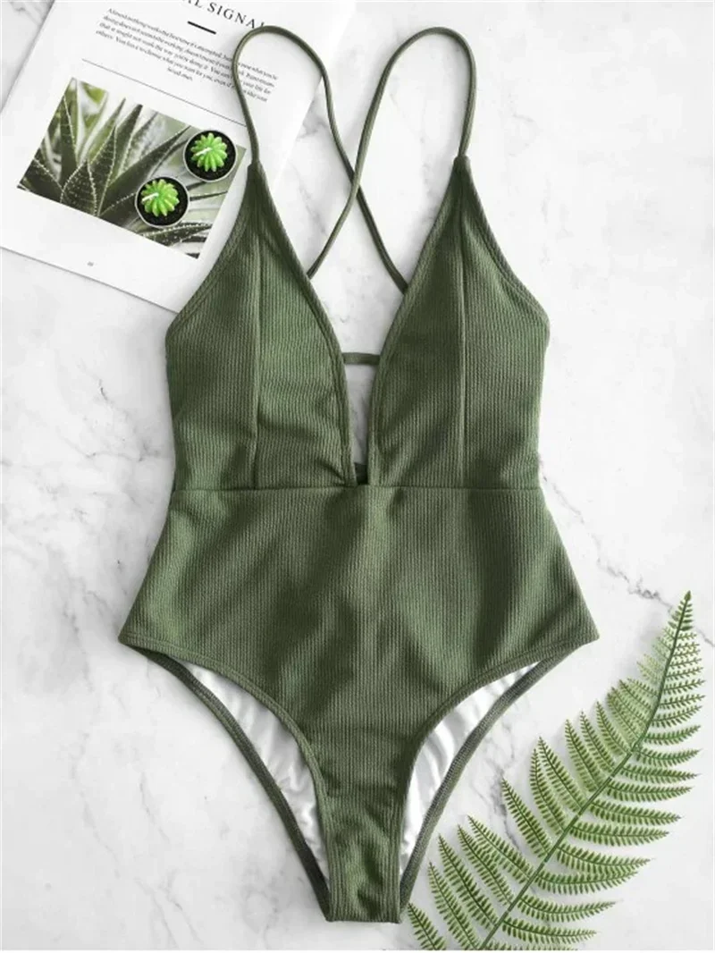 Sexy Solid Green Black Swimwear Women High Cut One Piece Swimsuit Backless High Waist Swim Suit Beach Bathing Suit Monokini 2022