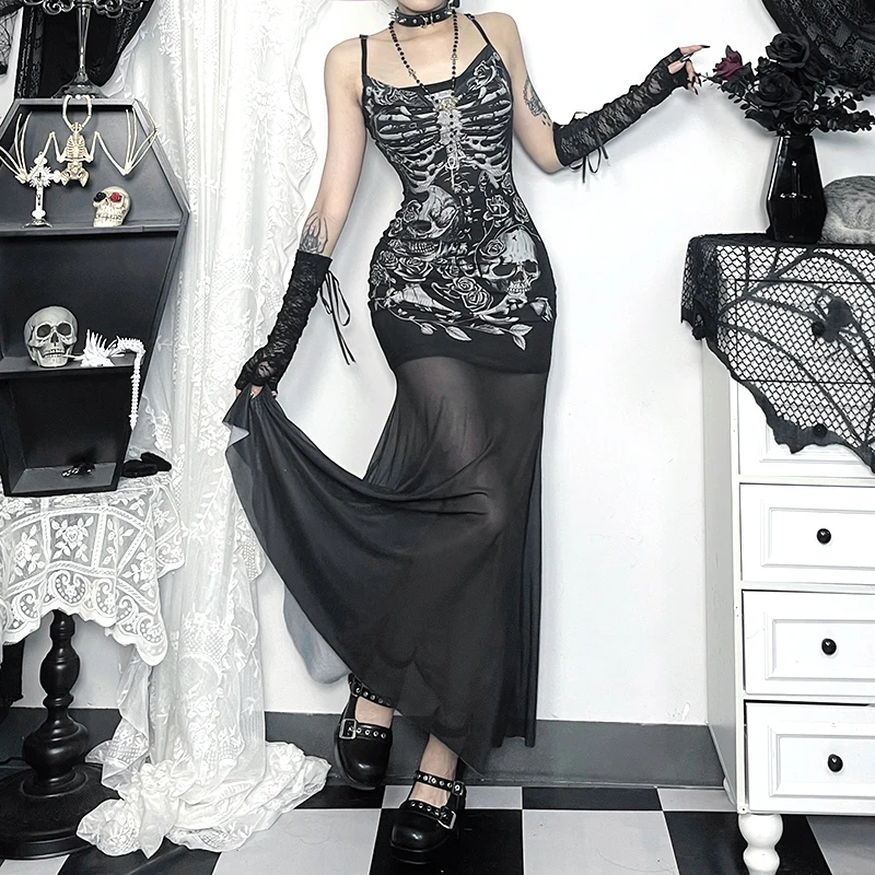 Gothic Black Skull Print Long Party Dresses Y2K Vintage Sexy Lace See Through Sleeveless Midi Dress Women Streetwear Halloween