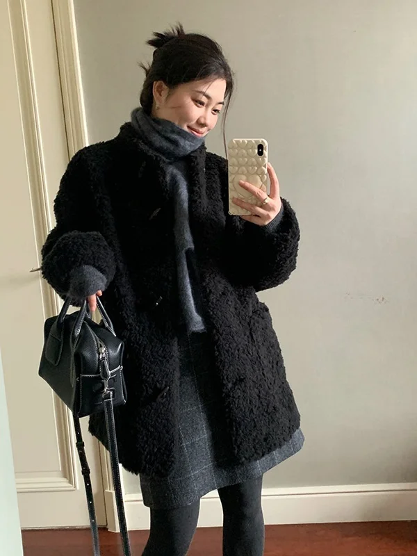 

Korean Sle Woolen Fur Jaet Mid-Length 00% Camere Wool Particle eepskin Leather And Fur Inteated Warmth Ladies Coat