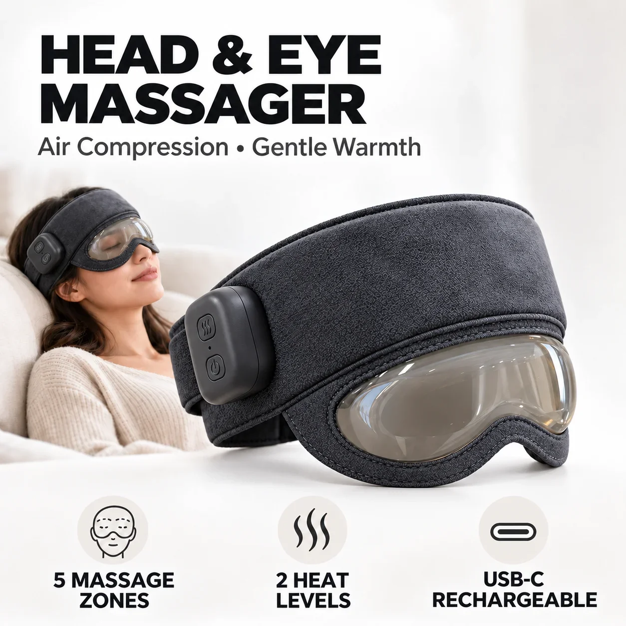 Head and Eye Massager with Heat Air Compression 3 Intensity Levels 2 Heat Settings USB-C Rechargeable for Home and Travel